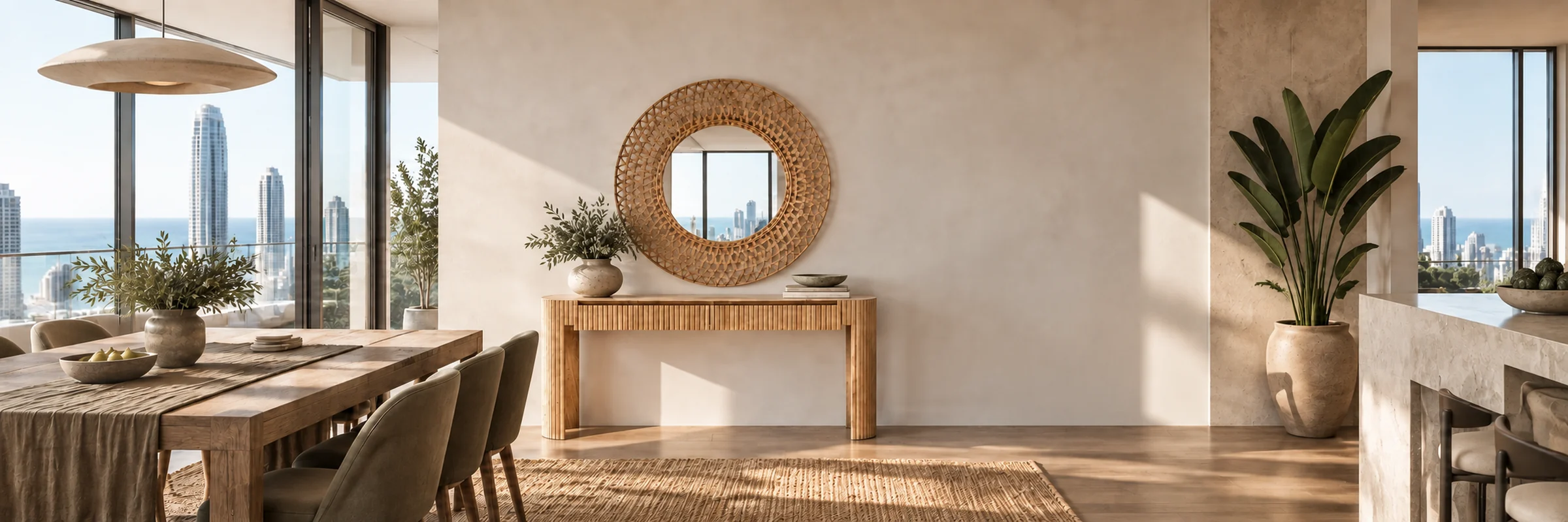 Marseille Water Hyacinth Mirror in a warmly styled coastal home