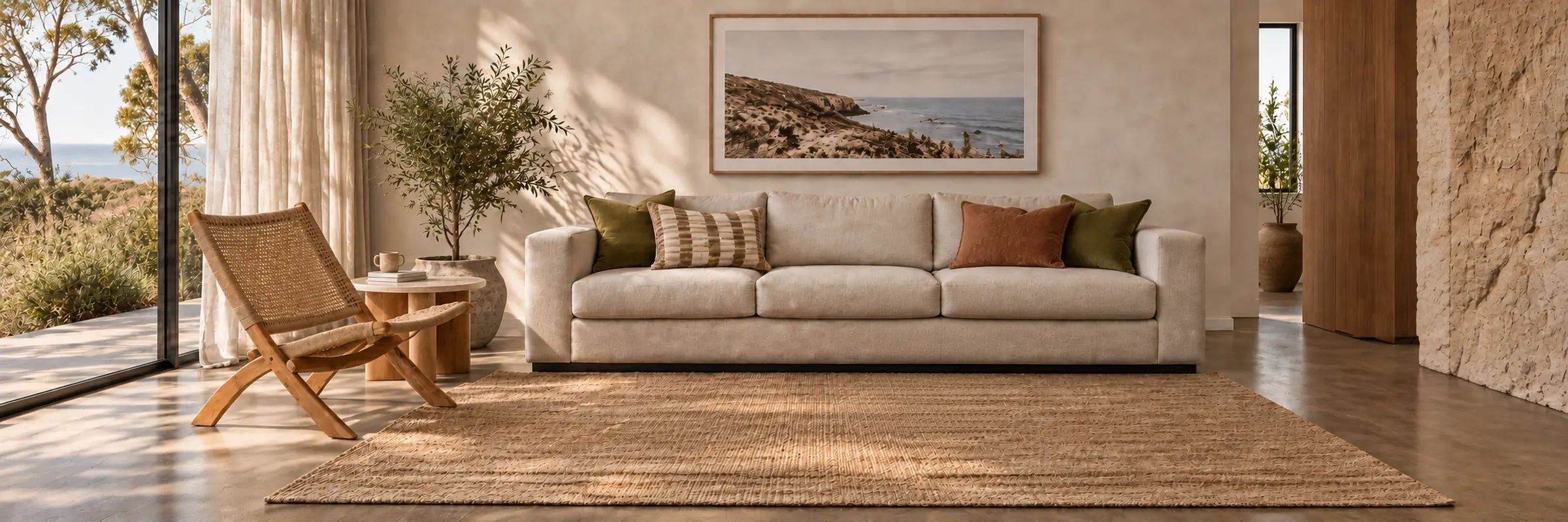 Bidu Woven Jute Armchair in a warmly styled coastal home